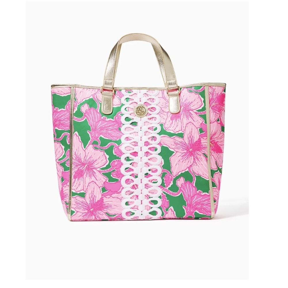 Lilly Pulitzer Tote Bag Kelly Green Bright Pink Hibis Kiss Floral Lace Trim NWOT